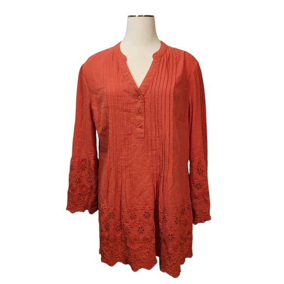 EUC STYLE & CO CORAL EMBROIDERED EYELET PINTUCKED TUNIC  SZ L - Picture 2 of 11